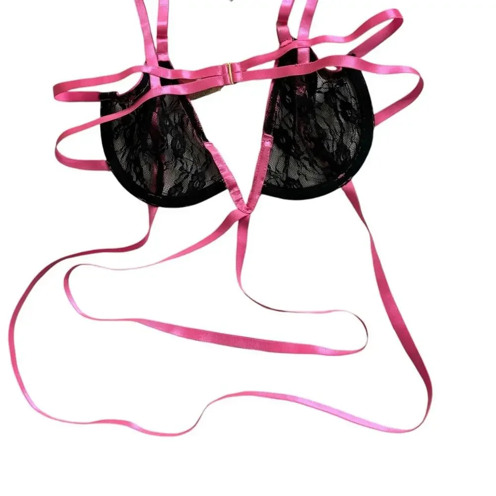 Roma Confidential Black Pink Strappy‎ Garter Bra Underwire Support Set Small NEW
